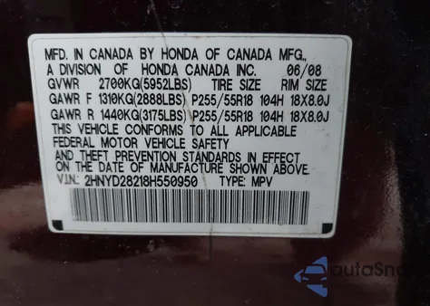 2008 Acura Mdx из США, поврежденный, VIN 2HNYD28218H550950